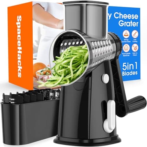 Rotary Cheese Grater Hand Crank with 5 Interchangeable Blades, Vegetable Chopper Spiralizer Slicer for Fruit Vegetable Nuts, Mandoline Slicer for Kitchen with Blades Rack & Suction Base, Black - Image 1