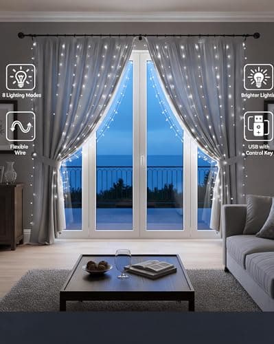 Curtain Lights for Bedroom 300 LED Fairy String Lights with Remote, 8 Modes Timer, USB Plug in Waterproof Twinkle Lights for Backdrop Wedding Party Indoor Outdoor Decor, 9.8ft x 9.8ft, Christmas Light - Thumbnail 3
