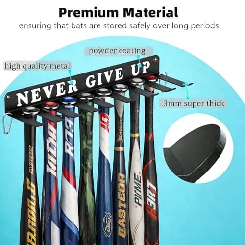 Conwithna Baseball Softball Bat Holder Wall Mount Storage Rack Metal Hanger Home Field Organizer Equipment Sports Hook Hanging Holds 14 Bats Carabiners Included Never Give UP - Thumbnail 3