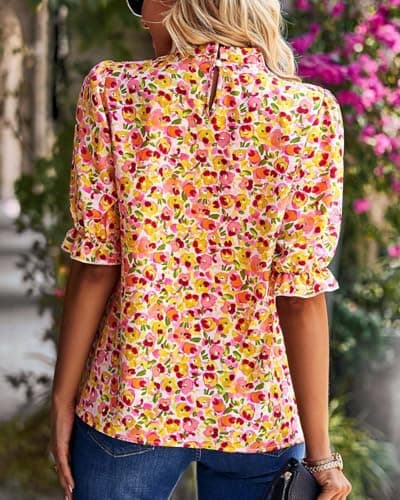 BTFBM Womens Tops 2026 Dressy Casual Blouses Summer Spring Clothes Mock Neck Short Sleeve Shirts Business Work Fall Outfits(Floral Pink, Medium) - Thumbnail 5