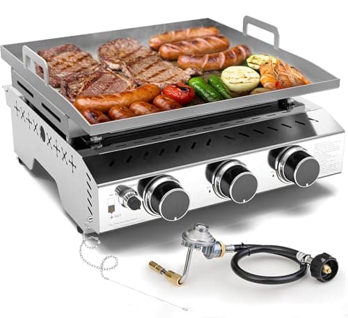 COWSAR 3-Burner Portable Tabletop Grill, 24000 BTU Stainless Steel Non-Stick Outdoor Portable Propane Griddle for Camping RV Backyard BBQ - Image 1