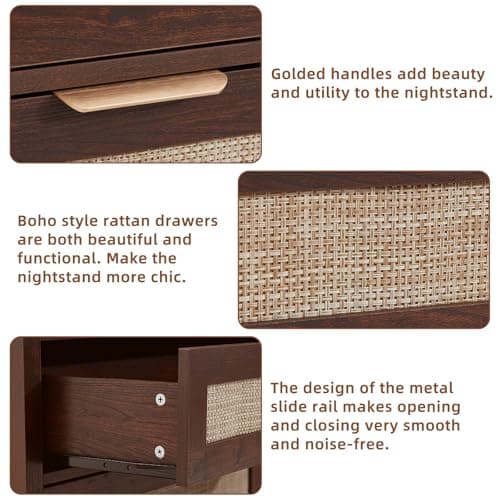 LEYAOYAO 31.5" Wide Rattan Nightstand, Large Boho 3 Drawer Night Stand, Walnut Bedside Table with Storage, Tall Bed Side End Tables, Chest of Drawers Dressers for Bedroom, Living Room, Hallway - Thumbnail 5