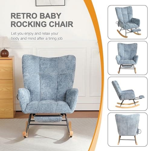 Chistronger Rocking Chair Nursery with Airbag, Comfy Modern Nursery Rocking Reading Chair Indoor with Footrest, Cozy Upholstered Glider Rocker Chairs for Living Room Bedroom Offices(Chenille, Blue) - Thumbnail 6