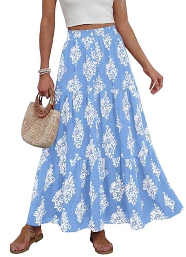 BTFBM Long Skirts for Women Summer 2026 Elastic High Waist Flowy A Line Casual Boho Tiered Floral Maxi Skirt Pockets(Light Blue White Flower, Large) - Image 1
