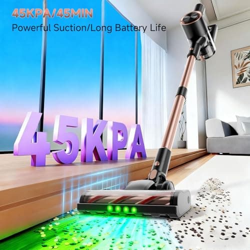 Shieal Cordless Stick Vacuum Cleaner - 45KPA Powerful Suction Vacuum with 45 Min Runtime, Detachable Battery, Anti-Tangle & 1.5L Dust Cup, 8 in 1 Vacuum Cleaner for Pet Hair, Carpet, HardFloor, Pink - Thumbnail 2