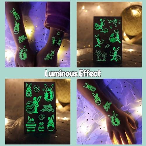 Partywind 132 PCS (12 Sheets) Luminous Easter Temporary Tattoos for Kids Basket Stuffers, Glow Easter Decorations Party Favors Supplies Essentials, Easter Games for Toddlers Boys Girls - Thumbnail 2