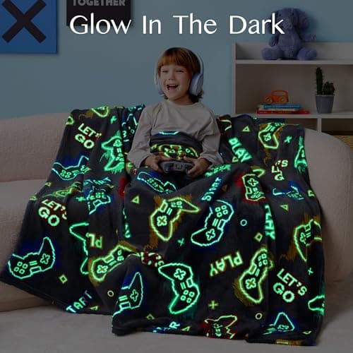 Joiedomi Glow in The Dark Gaming Blanket Gamer Gifts for Boys Age 2 3 4 5 6 7 8 9 10 11 12 Year Old, Soft Cozy Flannel Kids Throw Blanket, Birthday Bedroom Decor Grey 50"×60" - Thumbnail 2