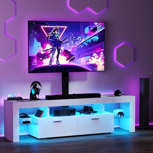 Lamtor TV-Stand with Mount 75 inch - LED TV Stand with Power Outlet & Drawers, Modern Entertainment Center with Mount for Living Room, Bedroom, White - Image 1