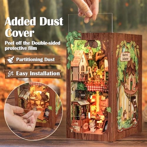 Cutefun Book Nook Kit, DIY Miniature Booknook Kit for Adults, 3D Wooden Puzzle Bookend Bookshelf Decor with LED Light & Dust Cover Creative Crafts Gifts for Book Lovers (Squirrel Collector) - Thumbnail 4