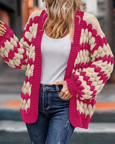 KIRUNDO Womens Cardigans Cute Color Block Stripe Long Sleeve Cardigan Sweaters Crochet Chunky Knit Sweater Outwear Trending Clothes for Women 2026 Hot Pink Outfits(Rose Red, Medium) - Thumbnail 6
