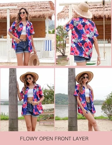 LILYCHIC Womens Hawaiian Shirts Button Down Short Sleeve Casual Floral Tropical Summer Beach Cool Button Up Tops Blue XL - Thumbnail 6
