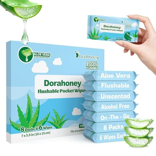 Dorahoney Flushable Travel Wipes with Aloe Vera, 99% Water Moisturizing Mini Wet Wipes for Sensitive Skin, Unscented Pocket Wipes for On The Go Travel Essentials, Total 48 Count (8 Packs of 6) - Image 1