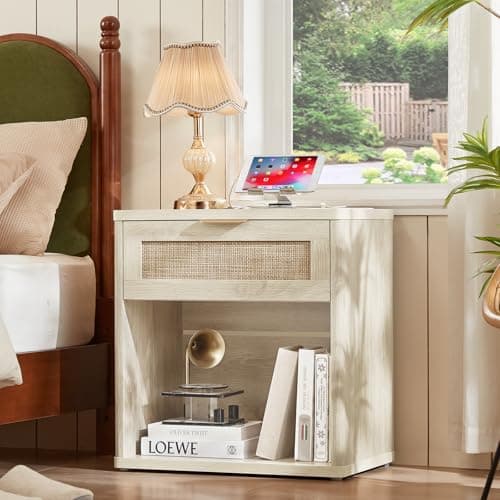 LEYAOYAO Rattan Nightstand with Charging Station, Grey White Night Stand with Drawer, 23" Wide Boho Bedside Table with Storage Shelf, Bed Side End Tables for Bedroom, Living Room, Hallway - Thumbnail 2