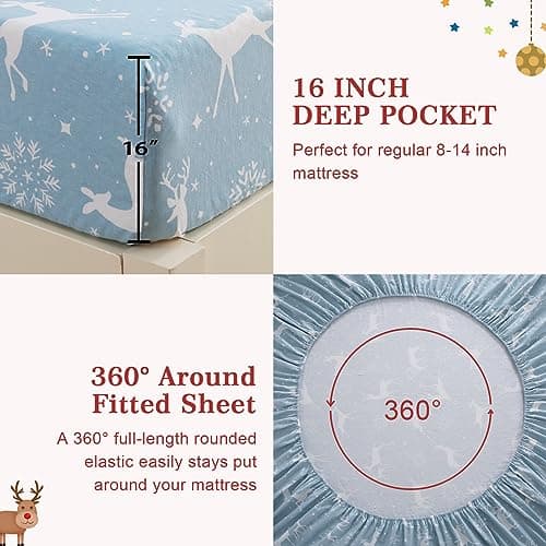 CAROMIO Christmas Sheets Full, Soft Brushed Microfiber Bed Sheet Set, 16 Inches Deep Pocket Fitted Sheet Winter Holiday Sheets Set (Blue, Full) - Thumbnail 5
