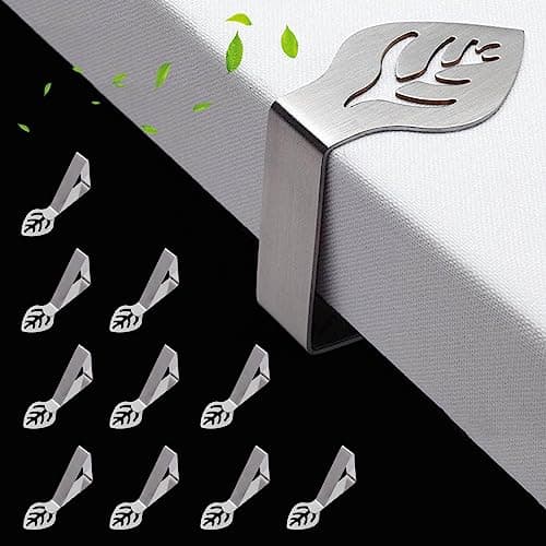 CUNGLIN Table Cloth Holder Clips 10 Pack, Leaf Shape Picnic Tablecloth Clip Outdoor Large Heavy Duty Stainless Steel Decorative Cover Clamp Pin for Party Wedding Restaurant Camping RV Accessories - Image 1