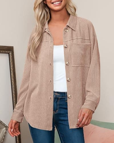 PRETTYGARDEN Women's Button Down Shirts 2026 Spring Long Sleeve Textured Tops Oversized Shacket Jacket Knit Blouses(Khaki,Large) - Thumbnail 3