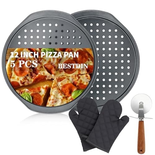 Bestdin 5Pcs Pizza Pan Set - 12 inch Pizza Pan with Holes, Non-stick, Pizza Oven Accessories with 2 Carbon Steel Round Pans, Pizza Cutter and 2 Gloves, Dishwasher Safe - Image 1