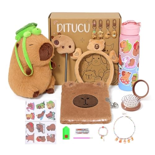 Ditucu Turtle Capybara Plush Gifts for Girls 4 5 6 7 8 9 10 Years Old with Stuffed Animal/Stickers/Water Bottle/Keychains/Diary/Pen/Headband/Comb/Necklace/Bracelet Plushies Toys Set - Image 1