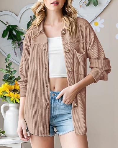 PRETTYGARDEN Women's Button Down Shirts 2026 Spring Long Sleeve Textured Tops Oversized Shacket Jacket Knit Blouses(Khaki,Large) - Thumbnail 2