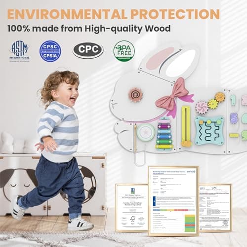 BlueWood Wooden Wall Busy Board Panels, Toddler Learning Activity Center, Montessori Philosophy Sensory, Educational Toys, Conducive to All-Round Development - Rabbit - Thumbnail 4
