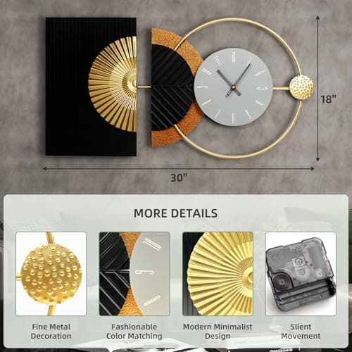 Tiuposr 30x18 Inch Decorative Wall Clock Contemporary Asymmetric – Silent Battery Operated Large Clocks for Living Room, Kitchen, Bedroom, Home Decor - Thumbnail 2