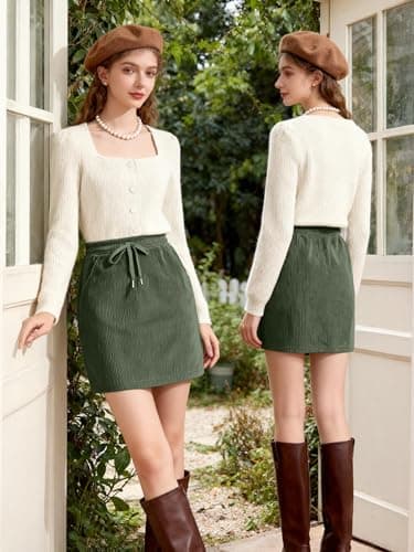 Casly Lamiit Corduroy Skirt for Women Mini High Waisted Drawstring 2025 Trendy Casual A-Line Short Skirts Lounge Clothes Green XS - Thumbnail 2