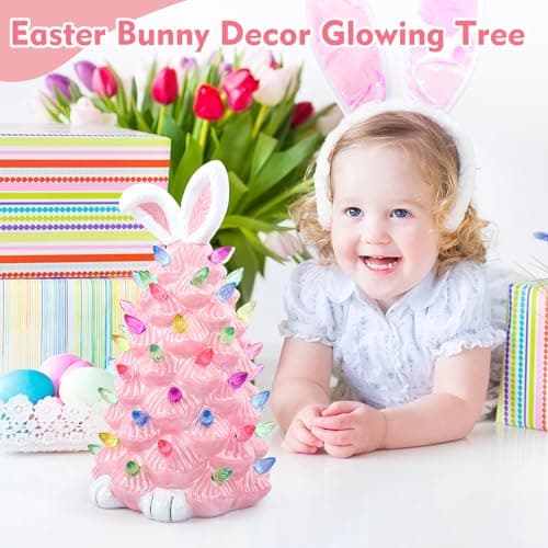 GARKALY Light up Easter Bunny Decor Glowing Tree, Cute Ceramic Easter Tree Bunny Decorations for The Home Indoor Bedroom Office Decor Tabletop,Night Light for Kids Gifts (Pink) - Thumbnail 6