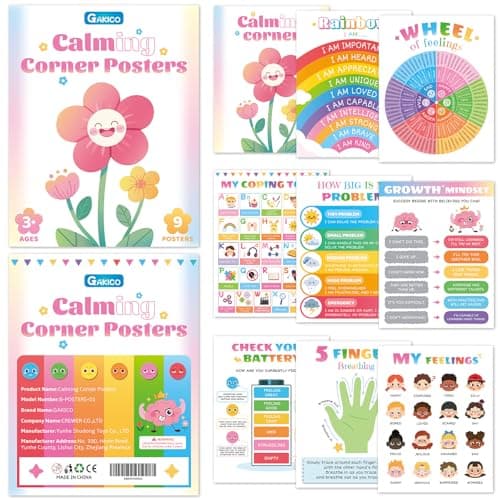 Calming Corner Posters for Homeschool: 9 Pack Mental Health Wall Decor for Kids, Preschool & Toddler | Emotions Chart, Feelings Wheel, Calming Techniques & Breathing Exercises | Social Emotional Learning Tools - Image 1