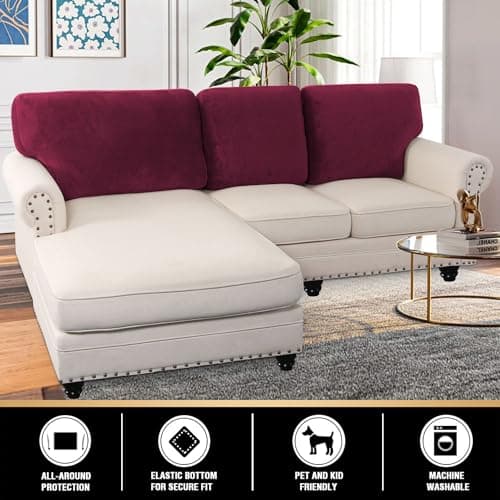 PrinceDeco Velvet Cushion Covers for Sectional Couch, 3 Back Cushion, Burgundy - Thumbnail 2