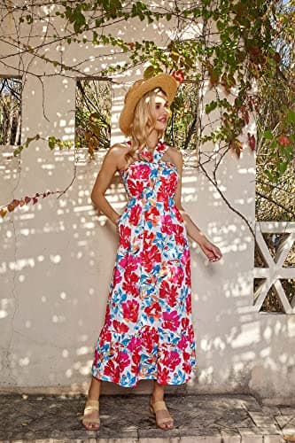 2024 Women Crossover Halterneck Sleeveless Floral Flowy Maxi Dresses Multicolor L - Thumbnail 5