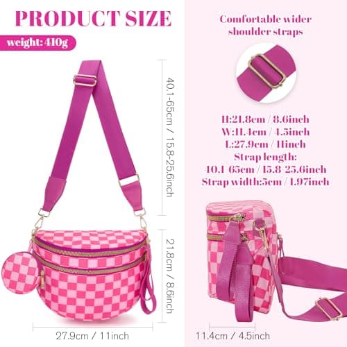 WOOMADA Checkered Crossbody Bag Bum Bag for Women, Spacious Nylon Fanny with Removable Wallets (2pcs-Hot Pink Checkerboard) - Thumbnail 2