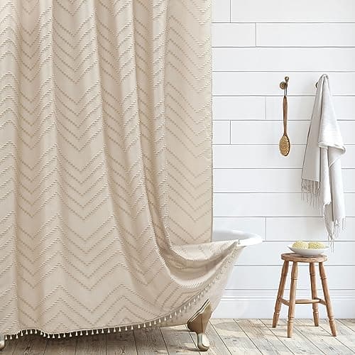 Siiluminisoy Extra Long Farmhouse Boho Chevron Shower Curtain, Woven Fabric 96 in Beige Shower Curtain, 72 x 96, Tufted Striped, Modern Chic Textured Shower Curtain Set Minimalist Bathroom Decor - Image 1