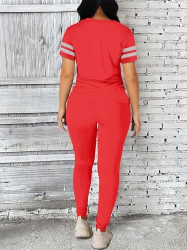 Hakubeby Two Piece Sets for Women Summer Short Sleeve Striped Crewneck Slim Fit Active Casual Sweatsuits Red Medium - Thumbnail 5