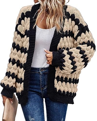 KIRUNDO Women's Open Front Color Block Chunky Knit Cardigan Fall Long Sleeve Striped Casual Loose Soft Warm Winter Outerwear Coatigan(Beige, Large) - Image 1