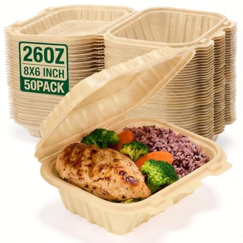 Clamshell Food Containers with Lids, 50 Pack-26oz Take Out Boxes 8x6 Disposable Meal Prep Containers Durable To Go Containers for Pasta Salad Sandwich Made of Natural Rice Husk Microwave Freezer Safe - Image 1