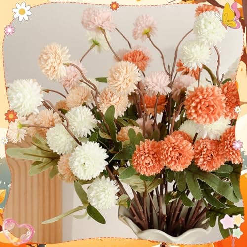 Ovveroche 16 Bundles Faux Silk Mums Chrysanthemums Pom Pom Ball Bouquet Kiku Flowers with Stem for Wedding, Home, Outdoor Table Vase Arrangement - Thumbnail 3