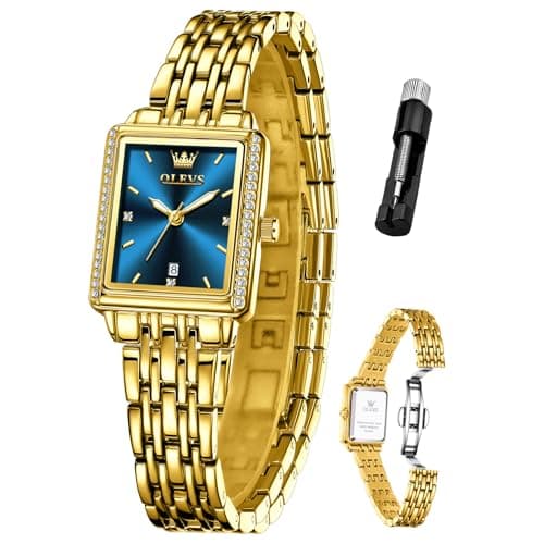 OLEVS Watch Women Gold Watches for Women Rectangle Blue Face Waterproof Stainless Steel Small Wrist Womens Watch Dainty Elegant Analog Quartz Ladies Watches Reloj para Mujer - Image 1