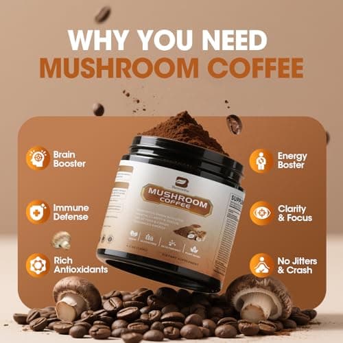 B BEWORTHS Mushroom Coffee Powder with MCT Oil - 10 Mushrooms Lion's Mane, Turkey Tail, Reishi, Cordyceps & Chaga - Arabica Instant Mushroom Coffee for Focus, Immune, Gut & Brain Health | Vegan, Keto - Thumbnail 2