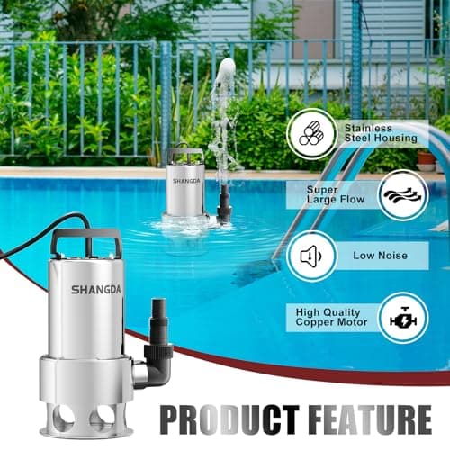 SHANGDA Sump Pump Submersible 1HP Dirty/Clean Water Transfer Pump 4500GPH Portable Electric Water Pump for Pool Draining Hot Tub Flooded Basement Ponds Garden Yard with Adapters - Thumbnail 3