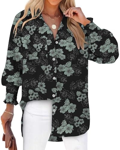 Bellcoco Button Down Shirts for Women Dressy Floral Printed Long Sleeve Blouse Business Casual Work Tops - Image 1