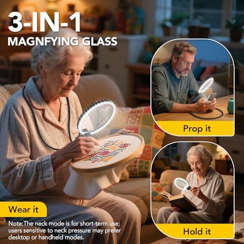 2500mAh Magnifying Glass with Light, 5X/10X Hands Free Magnifier for Reading, Sewing, Knitting, Cross Stitch & Crafts, Lighted Magnifier for Seniors & Low Vision - Thumbnail 5