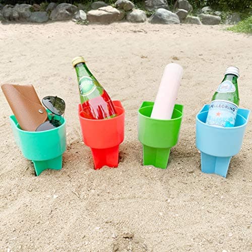 Home Queen Beach Cup Holder with Pocket, Multi-Functional Sand Cup Holder for Beverage Phone Sunglasses Key, Beach Accessory Drink Sand Coaster, Set of 4 (Blue, Teal, Orange and Green) - Image 1