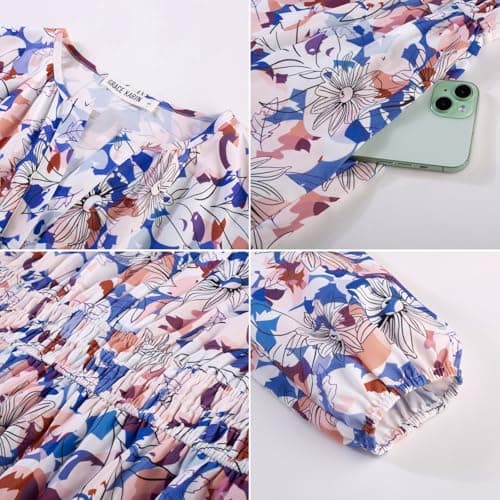 GRACE KARIN Long Sleeve Dress for Women 2026 Spring Wedding Guest Dress Floral Boho A Line Flowy Maxi Dresses with Pockets Skybule White Floral XL - Thumbnail 6