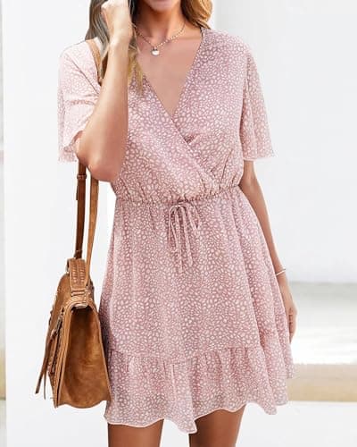 KIRUNDO Womens Summer Dresses 2026 Casual Spring Short Sleeve V Neck Ruffle Floral Print High Waist Belted Flowy Mini Dress(Large, Pink) - Thumbnail 5