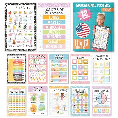 Hadley Designs Spanish Classroom Decorations - 12 Spanish Posters for Classroom Decor, Abecedario para Niños en Español, 11x17 Laminated Pastel Bilingual Educational Posters for Toddlers 1-3
