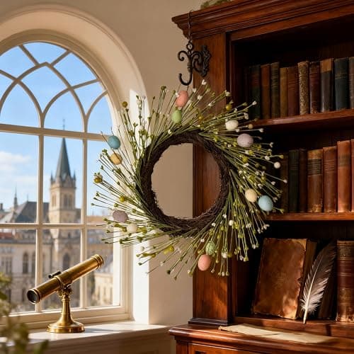 HipTree 16 Inch Farmhouse Easter Wreath for Front Door, Artificial Pastel Spring Wreath with Mini Easter Eggs, Handcrafted Wreaths for Entryway Mantel Window Indoor Outdoor Decorations - Thumbnail 5