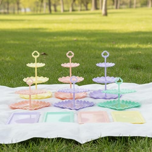 Pack of 10 NWK Cake Stand Set, with 3 x Two-Tier and 3 x Three-Tier Cupcake Stands, 4 x Appetizer Trays, 1 x Tablecloth for Birthday Bridal Baby Shower Party (Colorful) - Thumbnail 6