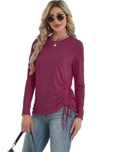 AIZHINENG Womens Long Sleeve Shirts Crewneck Tops Casual Fall Spring Trendy T-Shirts Outfits Clothes 2025 Wine Red - Thumbnail 3