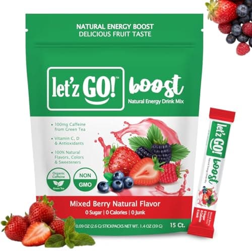 Let'z Go Clean Energy Drink Mix – Natural Caffeine Packets, Vitamins C + D, Electrolytes, Sugar-Free, Zero Calories | Anytime Energy | 15 Count (Mixed Berry) - Image 1