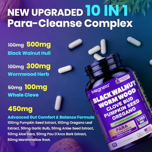 MEGNETA Wormwood Black Walnut Clove Cleanse for Humans, Intestinal Cleanse & Gut Detox with Pumpkin Seed & Oregano, Vegan Digestive Support for Adults, 60 Capsules - Thumbnail 2